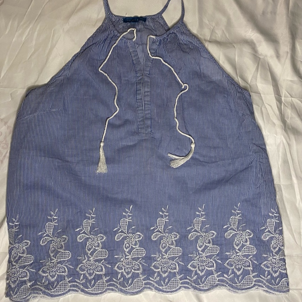 Womens Summer Blouse, White and Blue, Lace Bottom